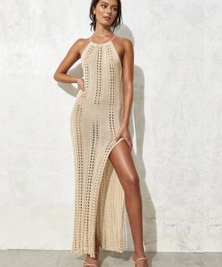 Women's Solid Color Sleeveless Strap Beach Dress, Knitted Hollow Design for Vacation, European and American Style, Summer 2025