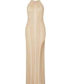 Women's Solid Color Sleeveless Strap Beach Dress, Knitted Hollow Design for Vacation, European and American Style, Summer 2025