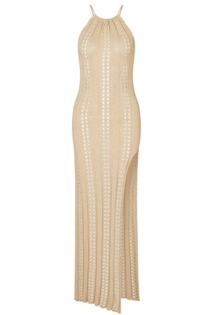 Women's Solid Color Sleeveless Strap Beach Dress, Knitted Hollow Design for Vacation, European and American Style, Summer 2025