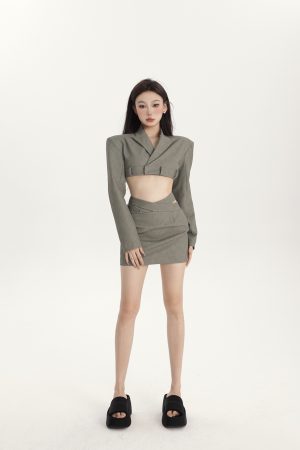 Women's Spring Faux Leather Backless Jacket with Shoulder Pads & High Waist Skirt Fashion Set - Chic Shaping Proportions