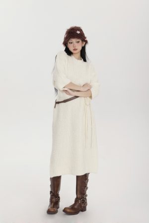 Womens Spring Knitted Mid-Length Dress with Five-Quarter Sleeves, Soft Loose Fit Casual Dress for Home or Outings