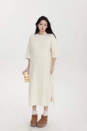 Womens Spring Knitted Mid-Length Dress with Five-Quarter Sleeves, Soft Loose Fit Casual Dress for Home or Outings