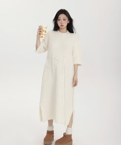 Womens Spring Knitted Mid-Length Dress with Five-Quarter Sleeves, Soft Loose Fit Casual Dress for Home or Outings