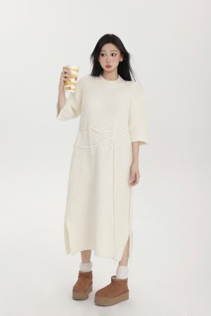 Womens Spring Knitted Mid-Length Dress with Five-Quarter Sleeves, Soft Loose Fit Casual Dress for Home or Outings