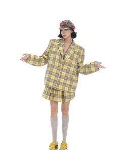 Women's Spring Loose Plaid Suit Jacket and Slim Short Skirt Two-Piece Set - Chic Fashion for 90s Inspired Style