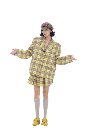 Women's Spring Loose Plaid Suit Jacket and Slim Short Skirt Two-Piece Set - Chic Fashion for 90s Inspired Style