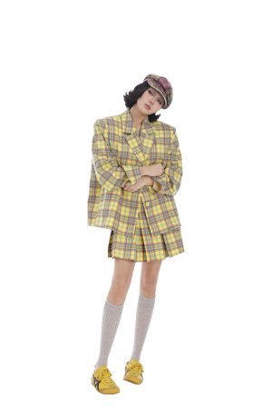 Women's Spring Loose Plaid Suit Jacket and Slim Short Skirt Two-Piece Set - Chic Fashion for 90s Inspired Style