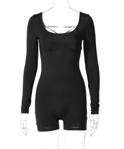 Women's Spring Summer Long Sleeve U-Neck Tie Hollow Back Fitted Sports Yoga Jumpsuit - Trendy Activewear