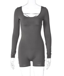 Women's Spring Summer Long Sleeve U-Neck Tie Hollow Back Fitted Sports Yoga Jumpsuit - Trendy Activewear