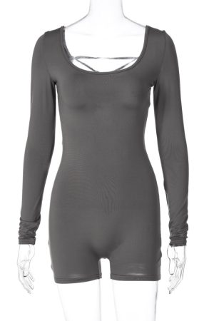 Women's Spring Summer Long Sleeve U-Neck Tie Hollow Back Fitted Sports Yoga Jumpsuit - Trendy Activewear