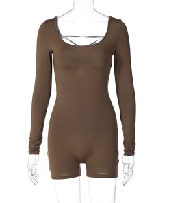 Women's Spring Summer Long Sleeve U-Neck Tie Hollow Back Fitted Sports Yoga Jumpsuit - Trendy Activewear