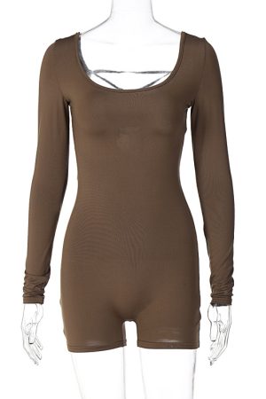 Women's Spring Summer Long Sleeve U-Neck Tie Hollow Back Fitted Sports Yoga Jumpsuit - Trendy Activewear