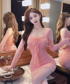 Women's Square Collar Mesh Long Sleeve Bodycon Dress - Slim Fit Sexy Evening Gown for Nightclub & Party Style