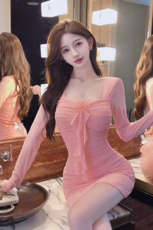 Women's Square Collar Mesh Long Sleeve Bodycon Dress - Slim Fit Sexy Evening Gown for Nightclub & Party Style