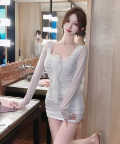 Women's Square Collar Mesh Long Sleeve Bodycon Dress - Slim Fit Sexy Evening Gown for Nightclub & Party Style