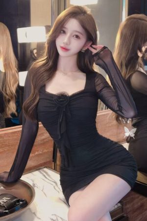 Women's Square Collar Mesh Long Sleeve Bodycon Dress - Slim Fit Sexy Evening Gown for Nightclub & Party Style