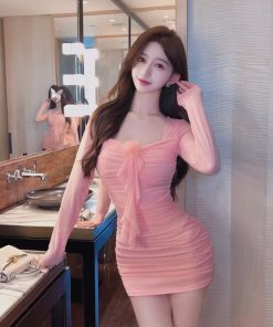 Women's Square Collar Mesh Long Sleeve Bodycon Dress - Slim Fit Sexy Evening Gown for Nightclub & Party Style