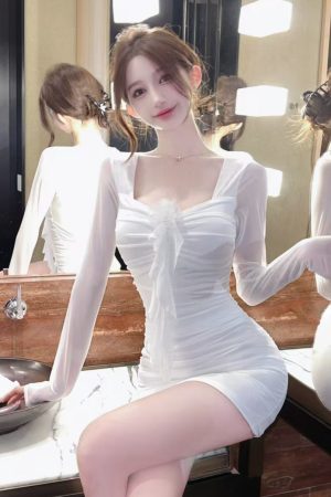Women's Square Collar Mesh Long Sleeve Bodycon Dress - Slim Fit Sexy Evening Gown for Nightclub & Party Style