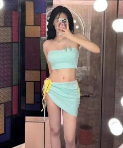 Women's Strapless Bikini Wrap Skirt Three-Piece Set for Small Busts, Gathered Macaron Style, Hot Girl Vacation Swimwear