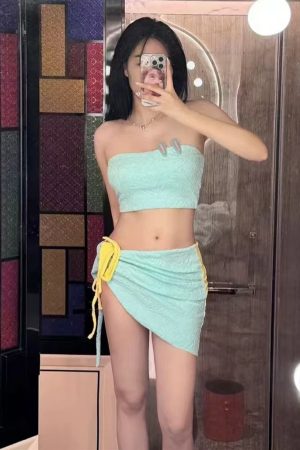 Women's Strapless Bikini Wrap Skirt Three-Piece Set for Small Busts, Gathered Macaron Style, Hot Girl Vacation Swimwear