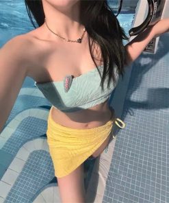 Women's Strapless Bikini Wrap Skirt Three-Piece Set for Small Busts, Gathered Macaron Style, Hot Girl Vacation Swimwear