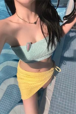 Women's Strapless Bikini Wrap Skirt Three-Piece Set for Small Busts, Gathered Macaron Style, Hot Girl Vacation Swimwear