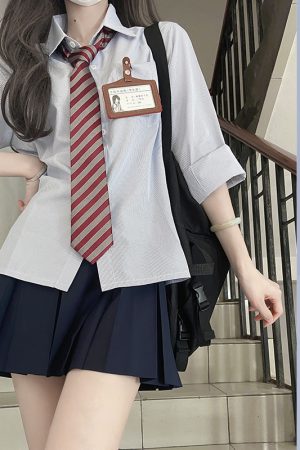 Women's Striped Long Sleeve JK Shirt Uniform Set - White and Blue Pudding Bear Design for Spring 2025 Fashion