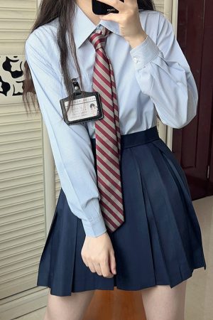 Women's Striped Long Sleeve JK Shirt Uniform Set - White and Blue Pudding Bear Design for Spring 2025 Fashion