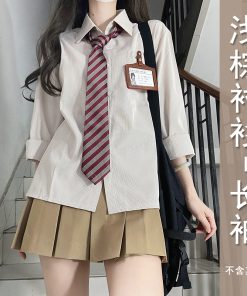 Women's Striped Long Sleeve JK Shirt Uniform Set - White and Blue Pudding Bear Design for Spring 2025 Fashion