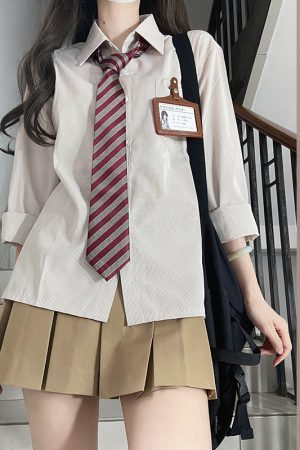 Women's Striped Long Sleeve JK Shirt Uniform Set - White and Blue Pudding Bear Design for Spring 2025 Fashion