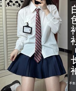 Women's Striped Long Sleeve JK Shirt Uniform Set - White and Blue Pudding Bear Design for Spring 2025 Fashion