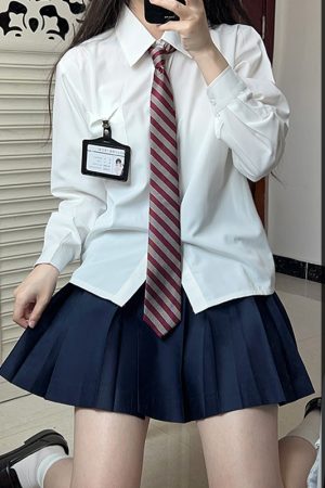 Women's Striped Long Sleeve JK Shirt Uniform Set - White and Blue Pudding Bear Design for Spring 2025 Fashion
