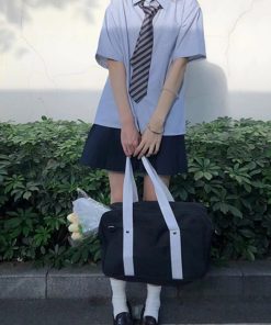 Women's Striped Pudding Bear JK Shirt Set - Short & Long Sleeve Uniform Top - Blue Summer Fashion