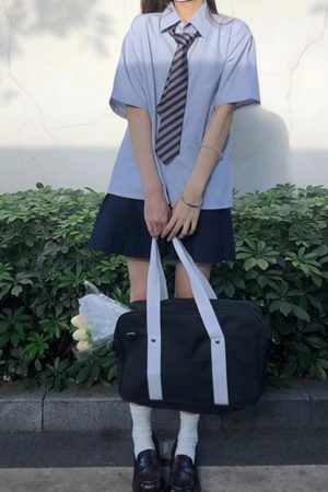 Women's Striped Pudding Bear JK Shirt Set - Short & Long Sleeve Uniform Top - Blue Summer Fashion