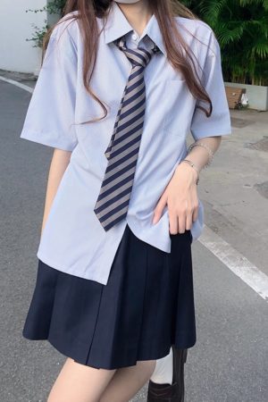 Women's Striped Pudding Bear JK Shirt Set - Short & Long Sleeve Uniform Top - Blue Summer Fashion