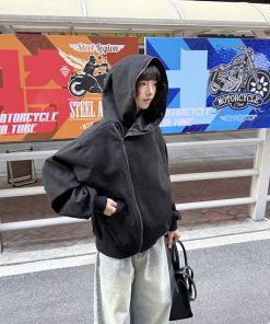 Women's Suede Diagonal Zipper Hoodie Jacket - High-End Niche Design, Short Couples' Style for Spring and Autumn