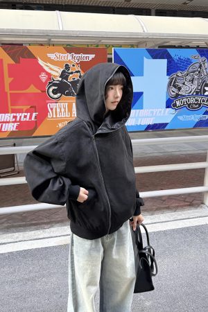 Women's Suede Diagonal Zipper Hoodie Jacket - High-End Niche Design, Short Couples' Style for Spring and Autumn