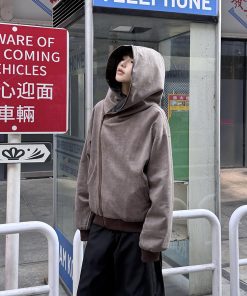 Women's Suede Diagonal Zipper Hoodie Jacket - High-End Niche Design, Short Couples' Style for Spring and Autumn