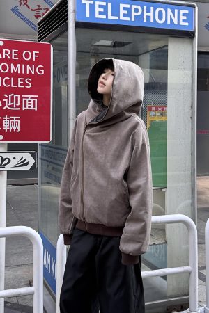 Women's Suede Diagonal Zipper Hoodie Jacket - High-End Niche Design, Short Couples' Style for Spring and Autumn