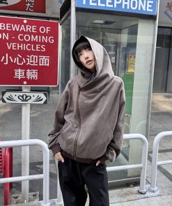 Women's Suede Diagonal Zipper Hoodie Jacket - High-End Niche Design, Short Couples' Style for Spring and Autumn