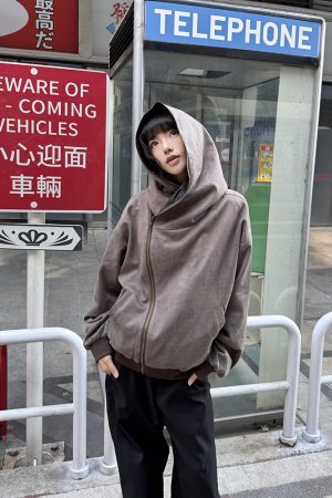 Women's Suede Diagonal Zipper Hoodie Jacket - High-End Niche Design, Short Couples' Style for Spring and Autumn
