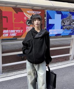 Women's Suede Diagonal Zipper Hoodie Jacket - High-End Niche Design, Short Couples' Style for Spring and Autumn