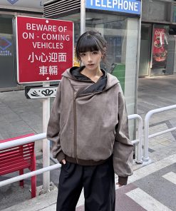 Women's Suede Diagonal Zipper Hoodie Jacket - High-End Niche Design, Short Couples' Style for Spring and Autumn