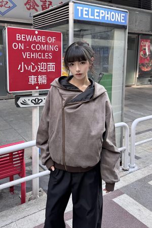 Women's Suede Diagonal Zipper Hoodie Jacket - High-End Niche Design, Short Couples' Style for Spring and Autumn