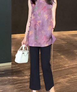 Women's Summer 2025 Korean Style Slim-Fit Lapel Top & Age-Reducing Wide-Leg Pants Two-Piece Outfit Set