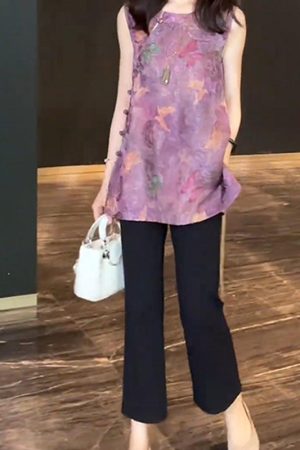 Women's Summer 2025 Korean Style Slim-Fit Lapel Top & Age-Reducing Wide-Leg Pants Two-Piece Outfit Set