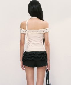 Women's Summer 2025 Off-Shoulder Star Patchwork One-Shoulder Top, Short Sleeves, Trendy Summer Fashion