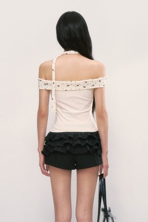 Women's Summer 2025 Off-Shoulder Star Patchwork One-Shoulder Top, Short Sleeves, Trendy Summer Fashion