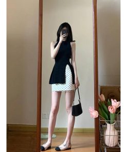 Women's Summer 2025 Polka Dot Two-Piece Set - Halter Neck Bow Knitted Top with Short Half Skirt - Trendy and Chic