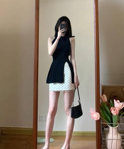 Women's Summer 2025 Polka Dot Two-Piece Set - Halter Neck Bow Knitted Top with Short Half Skirt - Trendy and Chic